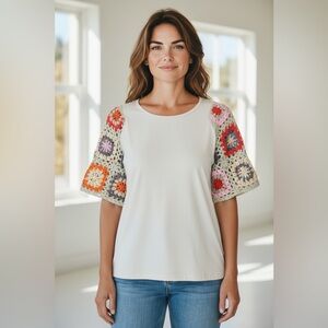 Colorful Crochet Sleeve Beige Blouse
Size Large